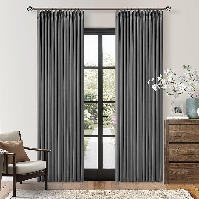 Dark Grey Pleated Thick Linen Blackout Curtains 86 Inches Long by Twodrapes