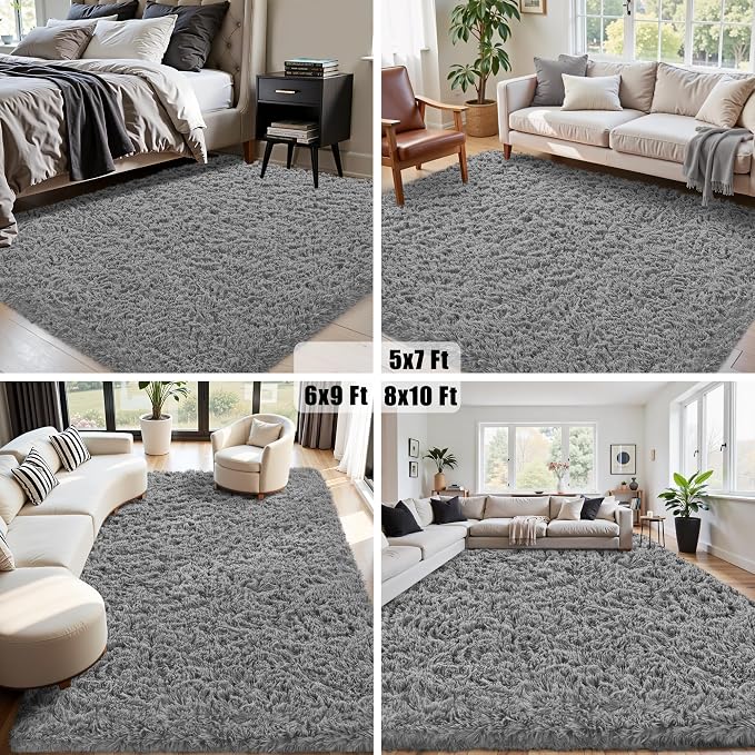 5x8 Area Rug for Living Room, Light Gray Fluffy Shag Non-Slip Bedroom Rugs | - Image 6