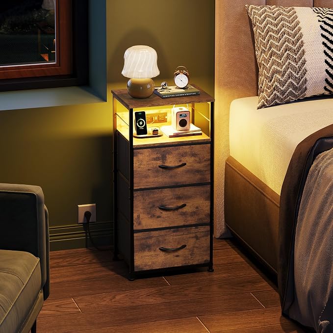 WLIVE Nightstand with Charging Station, 31.9" H Nightstand with 3 Fabric Drawers - Image 2