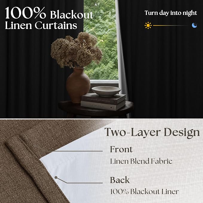 Dutch Cocoa 105 Inch Long Thick Linen Pinch Pleated 100% Blackout Curtains | - Image 5