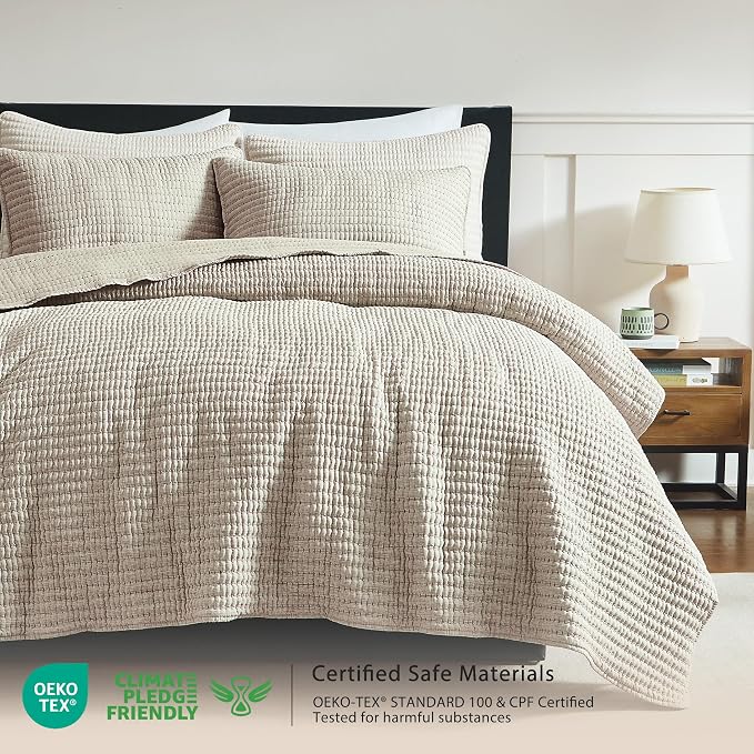 WDCOZY Taupe Queen Size Pick Stitch Quilt Set, 3 Pieces 90x90 inches | Striped - Image 2
