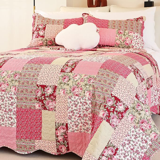 Summer Floral King Quilted Bedspread, Romantic Pink Quilt Set, Reversible by cmfshape-quiltset