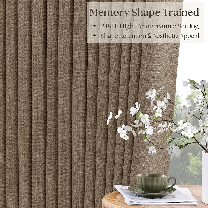 Latte Pinch Pleated 100% Blackout Linen Bedroom Curtains 86 Inch Length | - Image 3