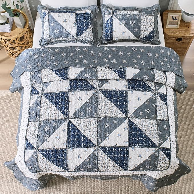 Full/Queen Size Quilt Set Grey Floral Patchwork Bedspreads Bedding Set | - Image 3