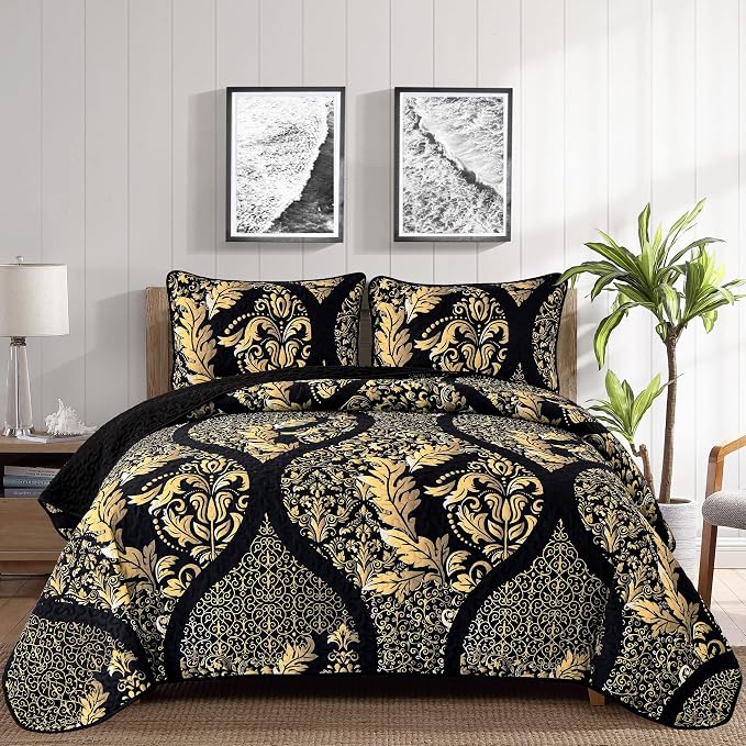 DJY Black Quilt Set California King Size 3Pcs, Boho Gold Damask Bedspread | by HOME