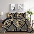 DJY Black Quilt Set California King Size 3Pcs, Boho Gold Damask Bedspread | by HOME