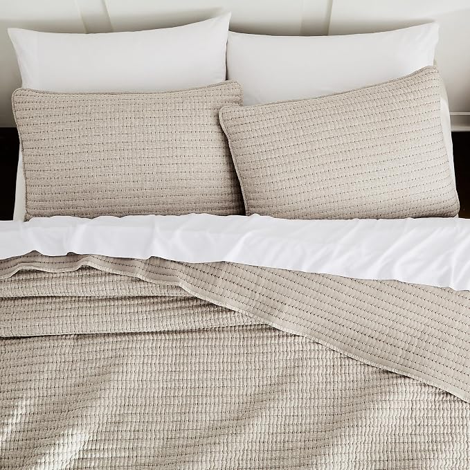WDCOZY Taupe Queen Size Pick Stitch Quilt Set, 3 Pieces 90x90 inches | Striped by WDCOZY