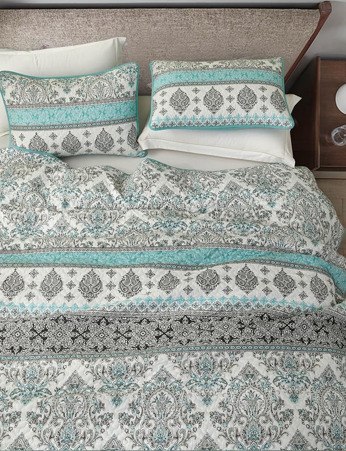 Chezmoi Collection Herald 3-Piece Printed Quilt Set, Aqua Blue Black White Boho - Image 3