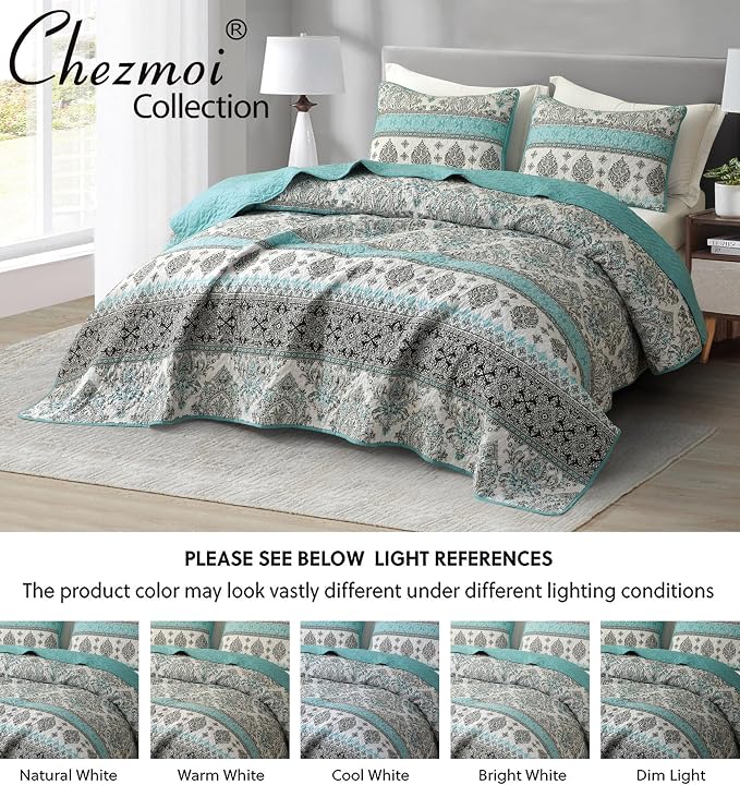 Chezmoi Collection Herald 3-Piece Printed Quilt Set, Aqua Blue Black White Boho - Image 5