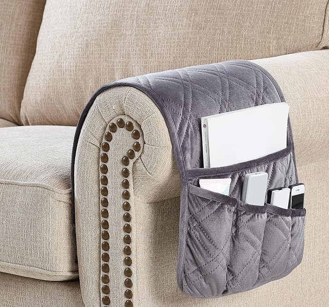 Brilliant Sunshine Grey Velvet Couch Armrest Cover, Armrest Organizer & Caddy - Image 3