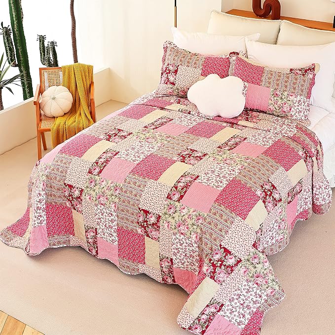 Summer Floral King Quilted Bedspread, Romantic Pink Quilt Set, Reversible - Image 3