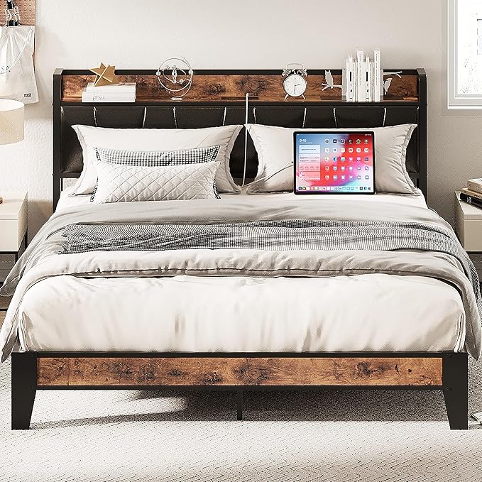LIKIMIO Queen Bed Frame, Storage Headboard with Charging Station, Solid and Stable, Noise Free, No Box Spring Needed, Easy Assembly (Vintage and Black)