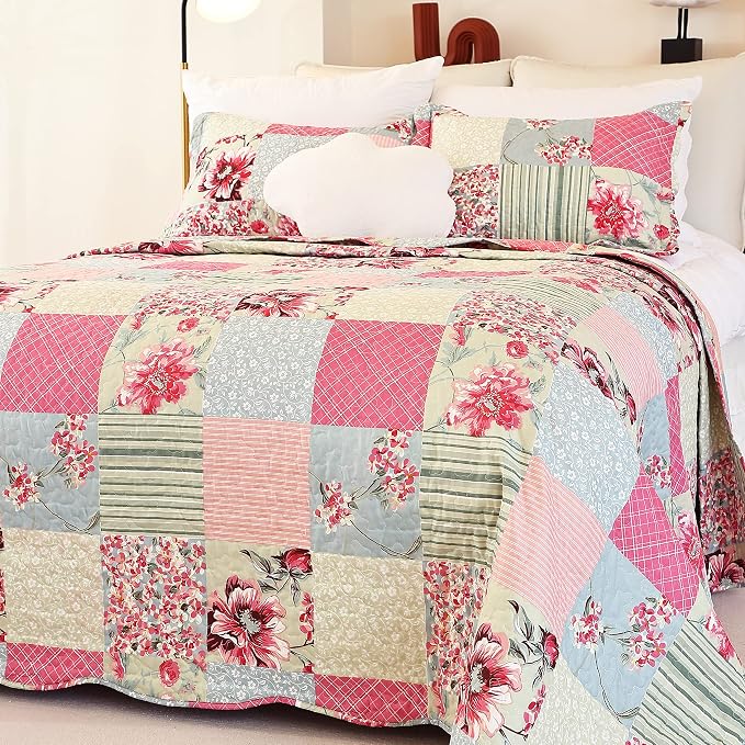 Cmfshape Summer Floral King Quilted Bedspread, Romantic Pink Quilt Set King by cmfshape-quiltset
