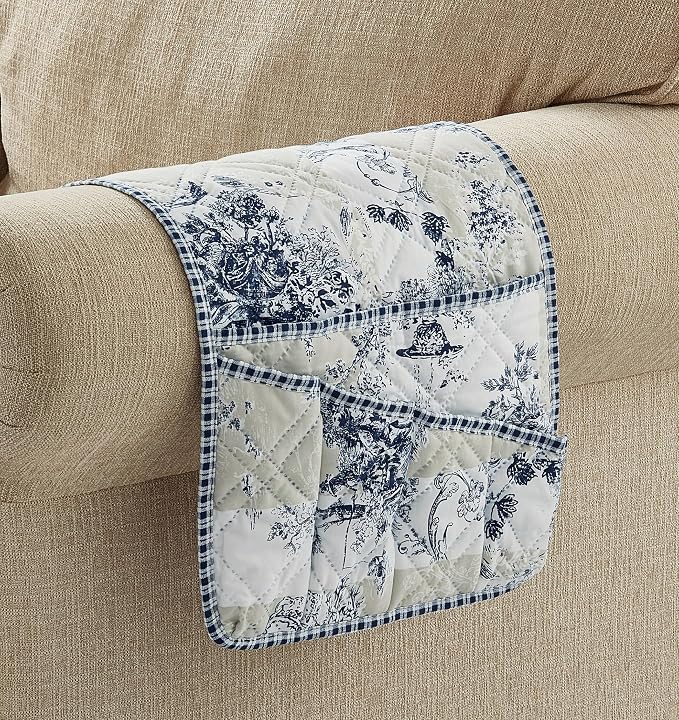 Brilliant Sunshine Blue & Beige Toile Couch Armrest Cover, Armrest Organizer & - Image 3