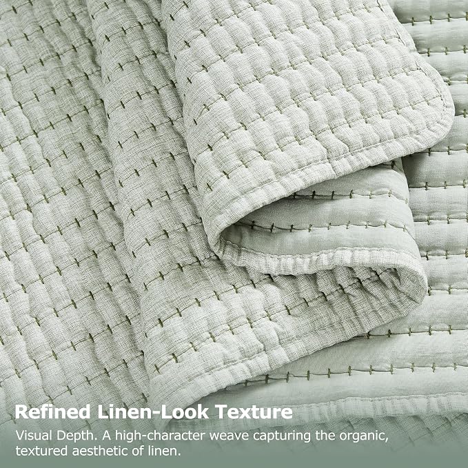 WDCOZY Sage Green Pick Stitch King Size Quilt Set, Striped Lightweight Soft - Image 6