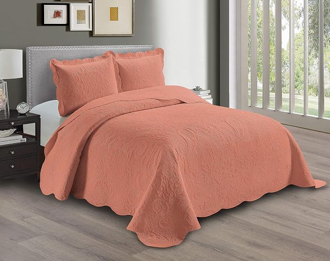 Linen Plus Embossed Coverlet Bedspread Set Oversized Solid Coral Full/Queen Bed by Linen+Plus