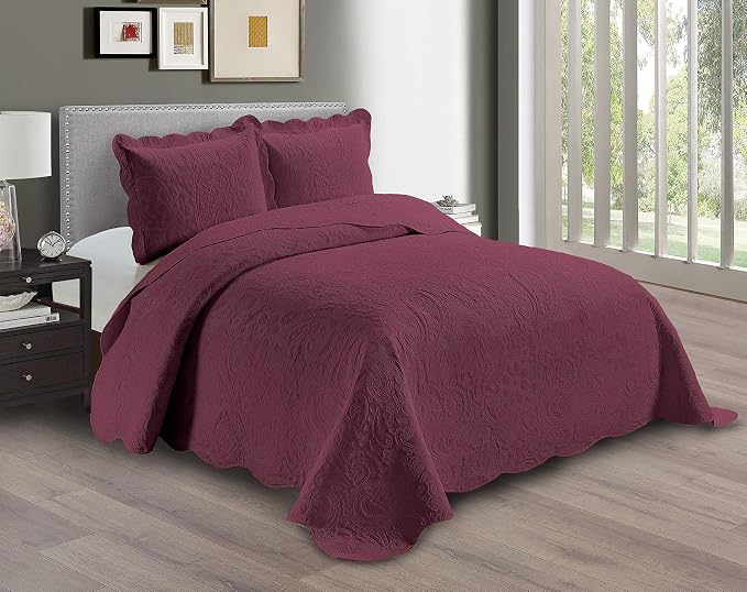 Linen Plus Embossed Coverlet Bedspread Set Oversized Solid Burgundy by Linen+Plus