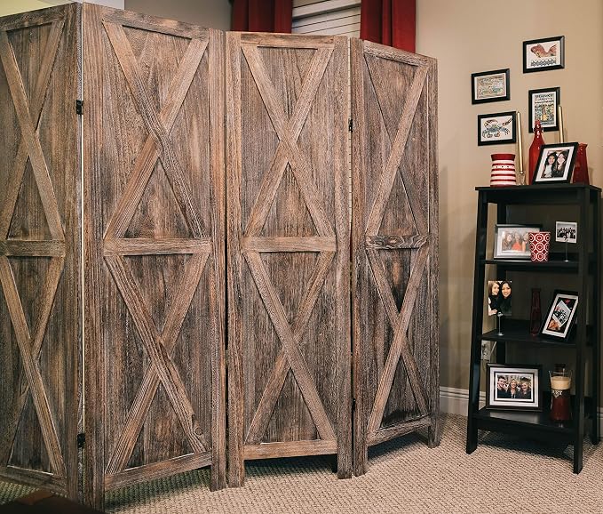 Premium Home 4-Panel Room Divider – Rustic Brown Barn Door, X Pattern Folding - Image 5