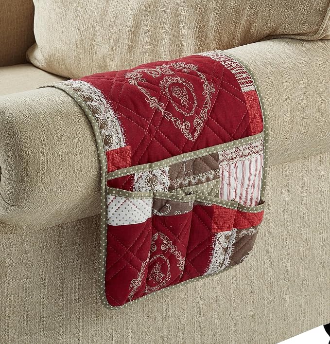 Brilliant Sunshine Burgundy Toile Floral Couch Armrest Cover, Armrest Organizer - Image 3