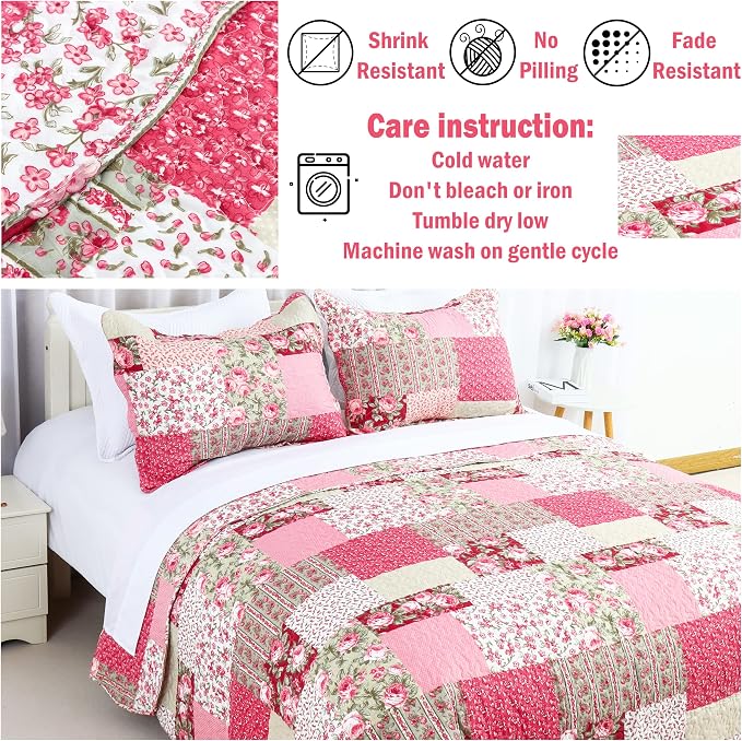 Summer Floral King Quilted Bedspread, Romantic Pink Quilt Set, Reversible - Image 8