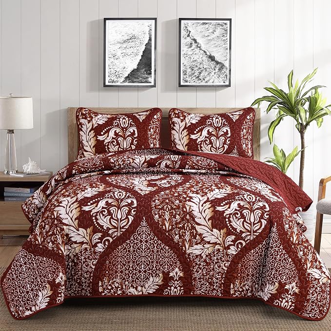 DJY Damask Queen Quilt Set, Boho Lightweight Bedding Set 3 Pcs, Burgundy | by HOME
