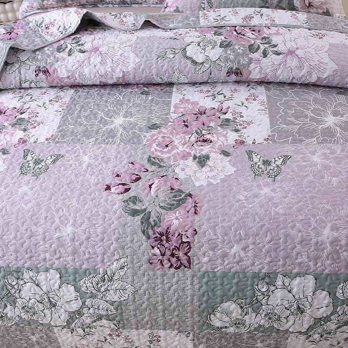 DURLENGEN Patchwork Quilt Set King Size 3Pcs, Floral - Image 3