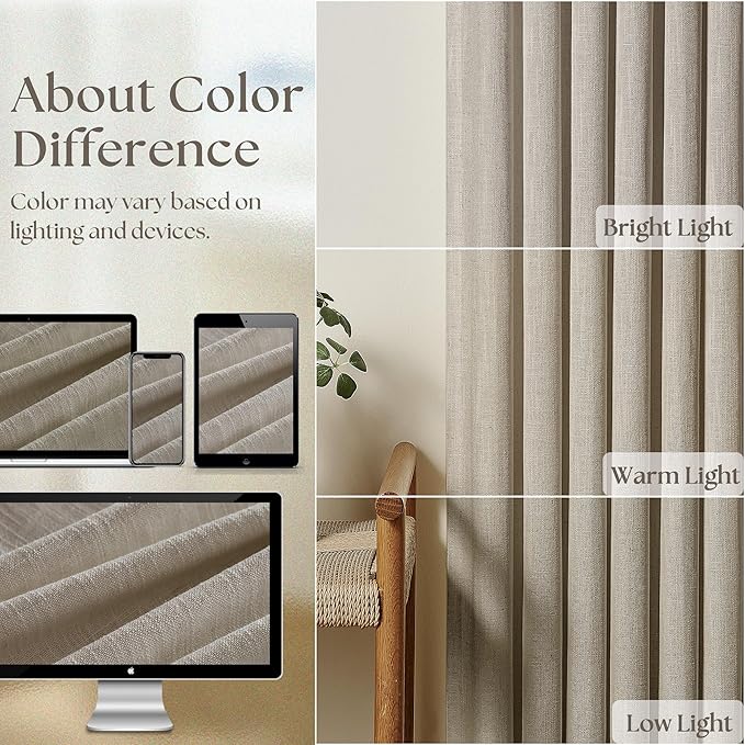 Extra Wide Taupe Linen Curtain 96 Inches Long 70 Inch Wide for Living Dining Room Pinch Pleated Drapes for Patio Sliding Glass Door Hooks Rings Sheer Privacy Curtain 72x96 1 Panel Burlywood Birch