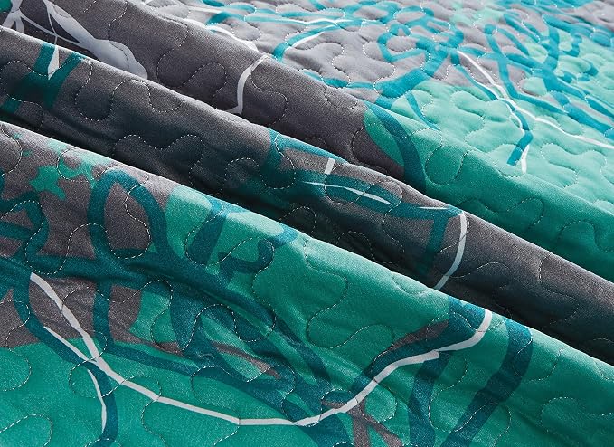 Home Collection Quilt Bedspread Set Over Size Flowers Printed Grey Turquoise - Image 2