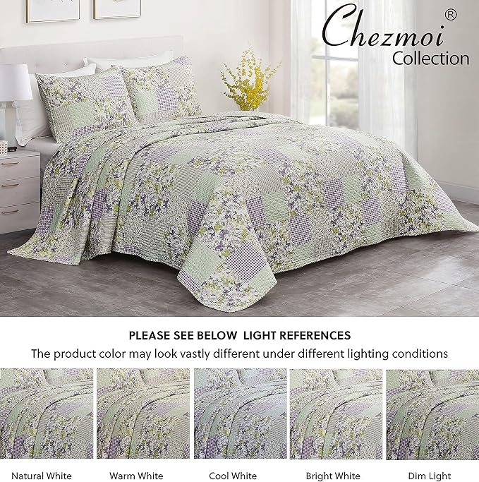 Chezmoi Collection Daisy 3-Piece Printed Patchwork Quilt Set - Image 5