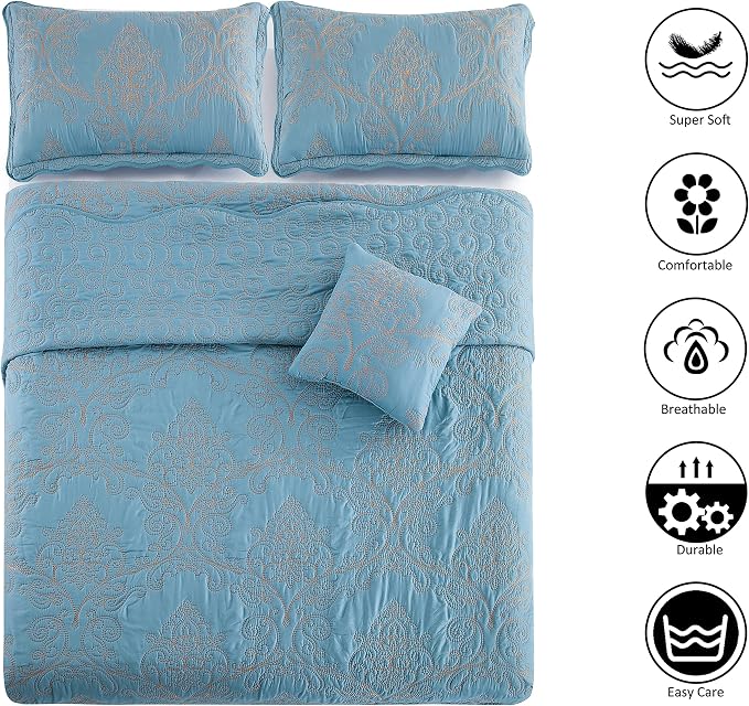 Home Soft Things Damask 4 Piece Bedspread Set, Scalloped Edge Reversible - Image 6
