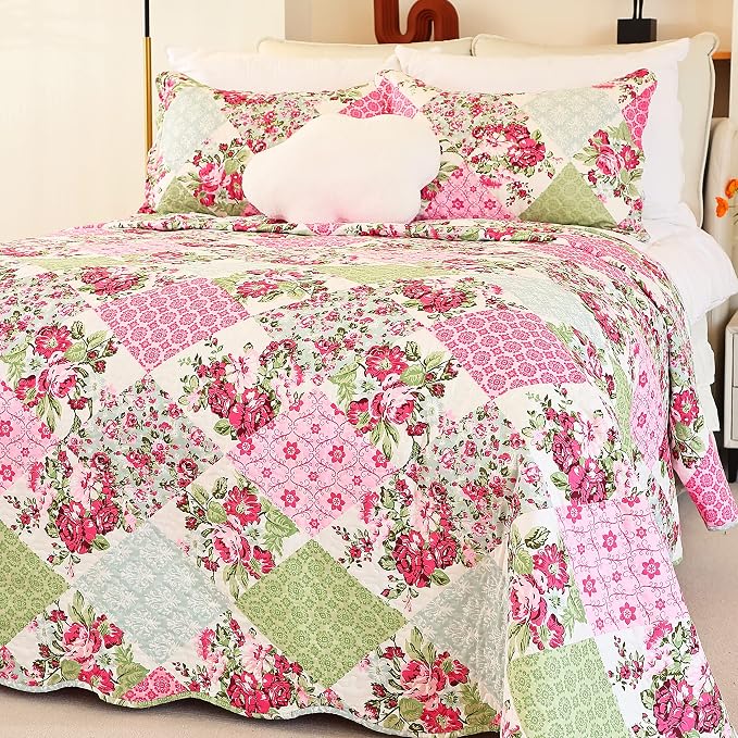 Cmfshape Summer Floral Queen Quilted Bedspread, Romantic Pink Quilt Set Bedding by cmfshape-quiltset