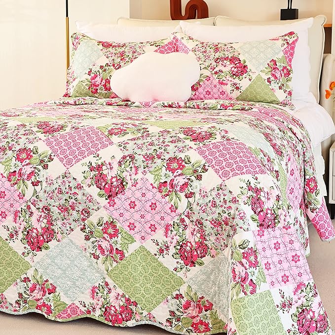 Cmfshape Summer Floral King Quilted Bedspread, Romantic Pink Quilt Set by cmfshape-quiltset