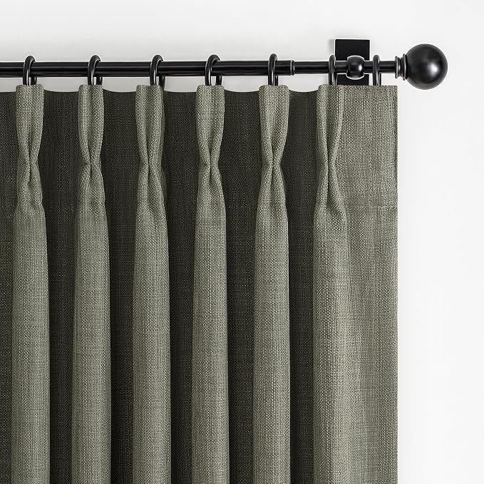 Pleated Linen Blackout Extra Wide Greenish Grey Curtains 96 Inches Long | - Image 10