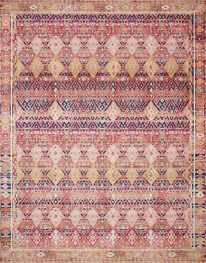 Loloi Layla Collection LAY-15 Magenta/Multi 2'-6" x 7'-6" .13" Thick Runner Rug, Soft, Durable, Vintage Inspired, Distressed, Low Pile, Non-Shedding, Easy Clean, Printed, Living Room Rug