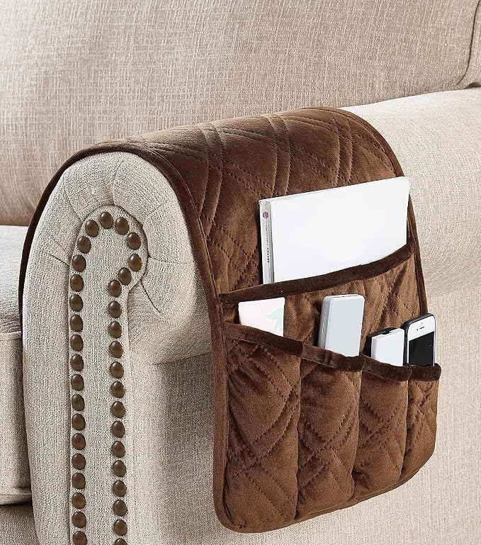 Brilliant Sunshine Chocolate Velvet Couch Armrest Cover, Armrest Organizer & - Image 3