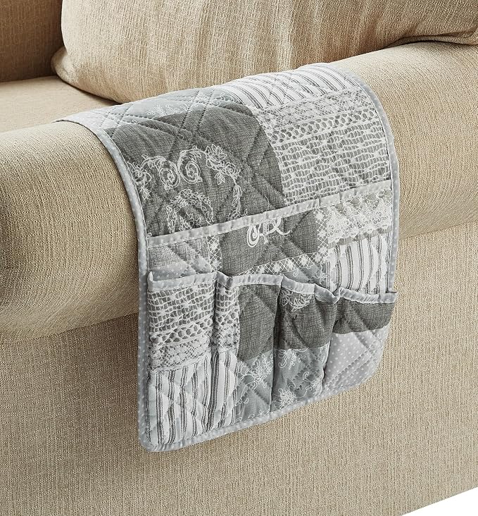 Brilliant Sunshine Grey Toile Floral Couch Armrest Cover, Armrest Organizer & - Image 3