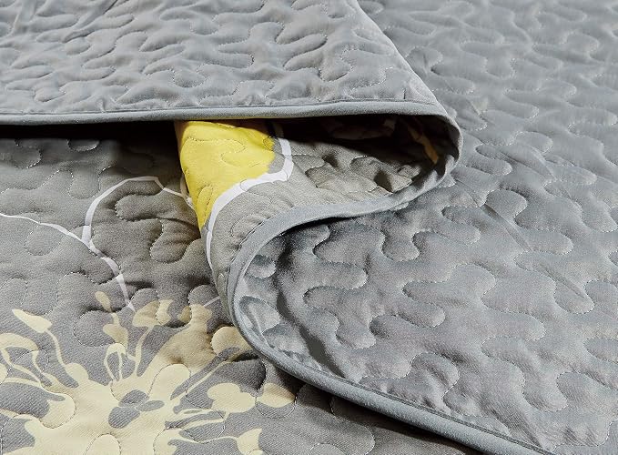 Home Collection Quilt Bedspread Set Over Size Flowers Printed Grey Yellow - Image 3
