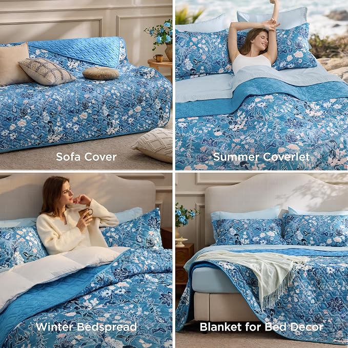 Bedsure Floral Quilts Queen Size, Reversible Blue Floral Comforter Bedding | - Image 6