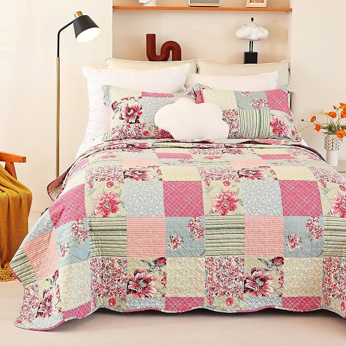 Cmfshape Summer Floral King Quilted Bedspread, Romantic Pink Quilt Set King - Image 2