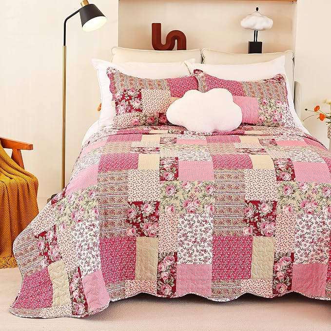 Cmfshape Summer Floral Queen Quilted Bedspread, Romantic Pink Quilt Set Full - Image 2