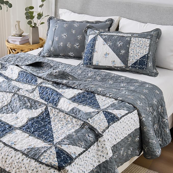 Full/Queen Size Quilt Set Grey Floral Patchwork Bedspreads Bedding Set | - Image 5