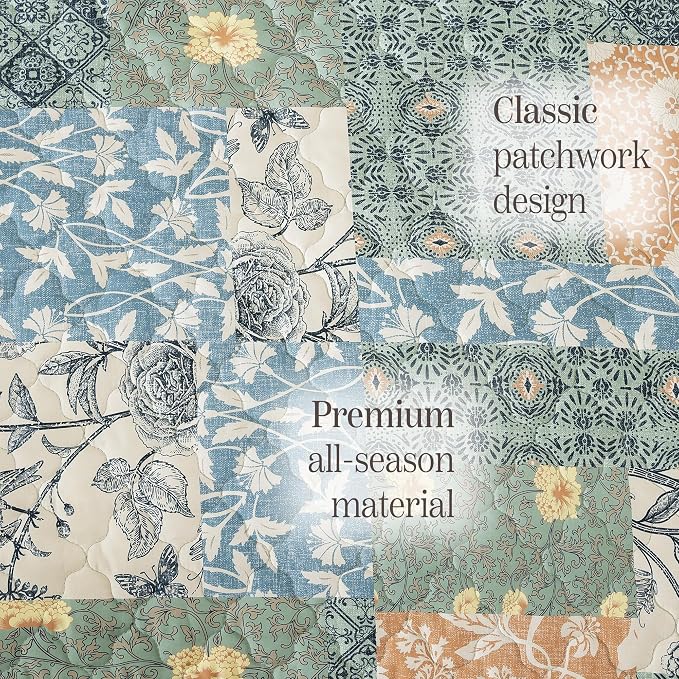 Queen Quilt Set-3 Pieces Soft Bedding Lightweight Floral Patchwork Coverlet | - Image 8