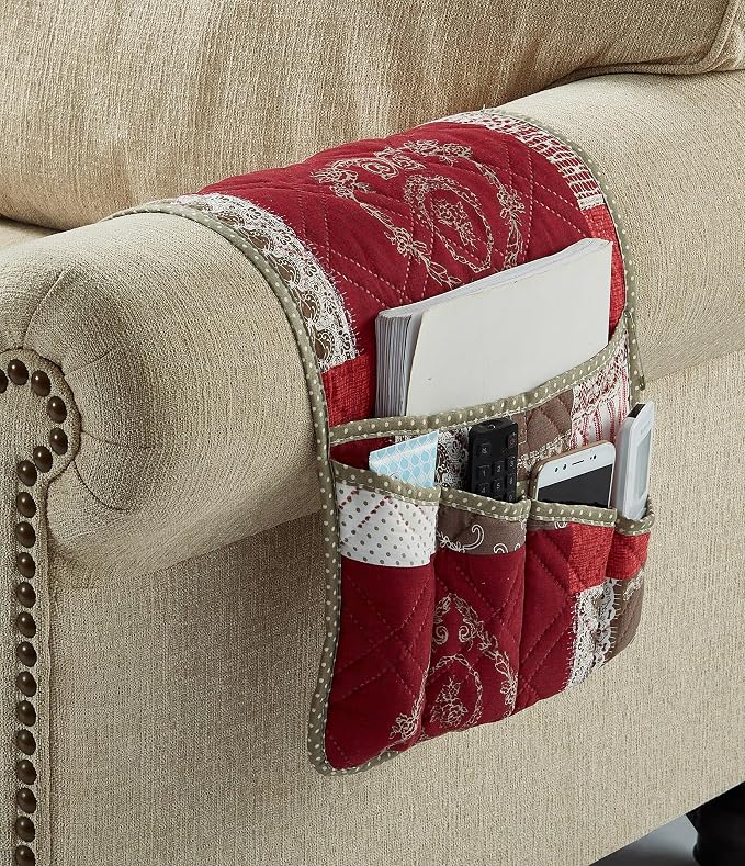Brilliant Sunshine Burgundy Toile Floral Couch Armrest Cover, Armrest Organizer - Image 7