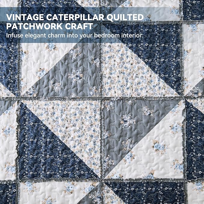 King Size Quilt Set Grey Floral Patchwork Quilted Bedspread Coverlet Set | - Image 6