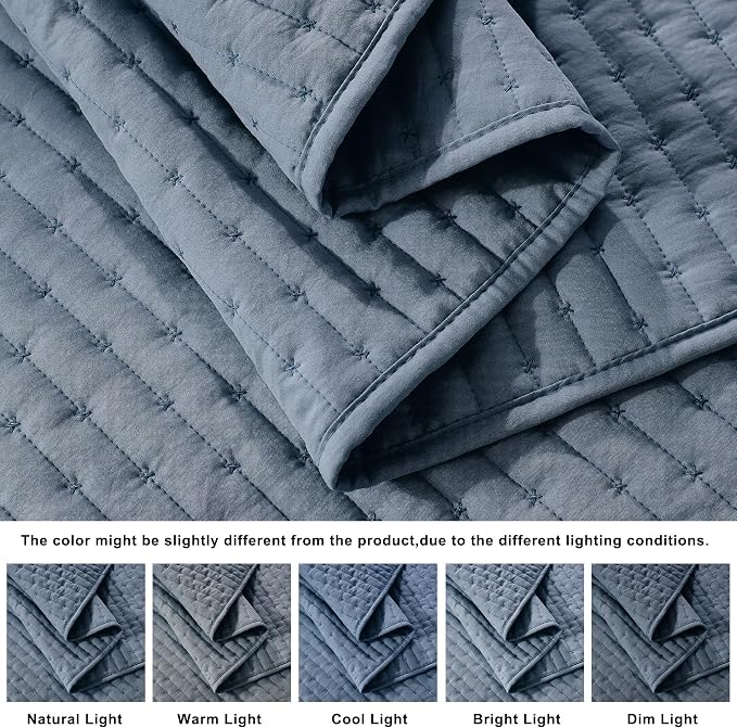 WDCOZY Blue Cross Stitch California Cal King Size Quilt Set, Oversized Striped - Image 5