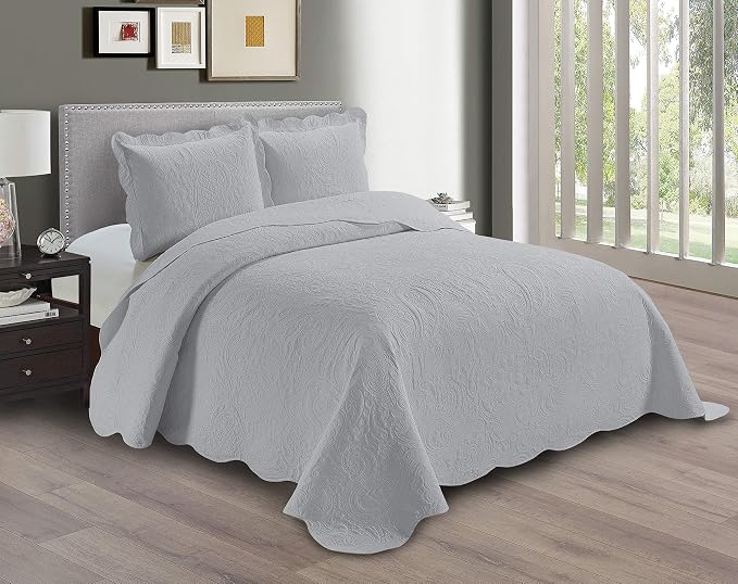 Linen Plus Embossed Coverlet Bedspread Set Oversized Solid Silver Full/Queen by Linen+Plus