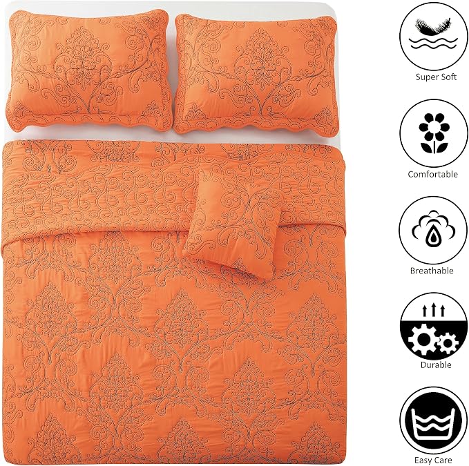 Home Soft Things Damask 4 Piece Bedspread Set, Scalloped Edge Reversible Quilt - Image 7