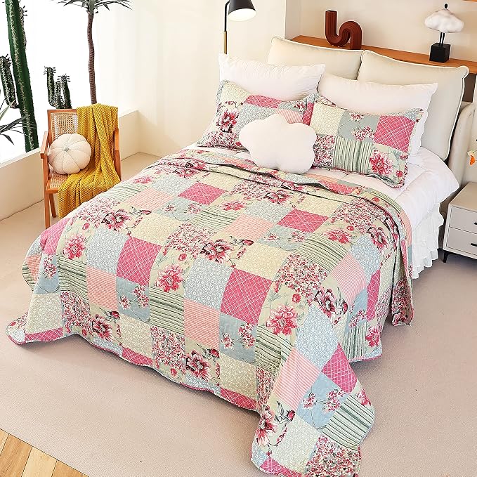 Cmfshape Summer Floral King Quilted Bedspread, Romantic Pink Quilt Set King - Image 3