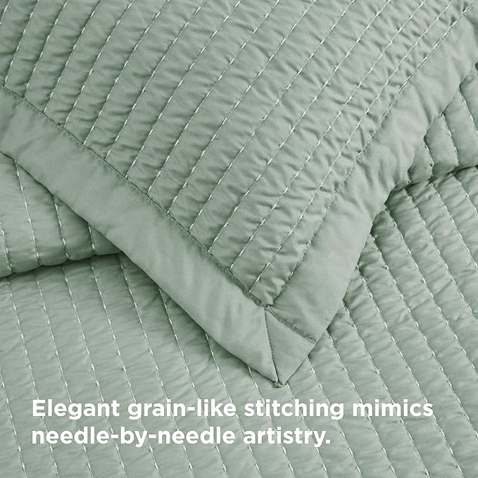Bedsure Quilts Queen Size, Lightweight Striped Thin Comforter, Sage Green | - Image 3