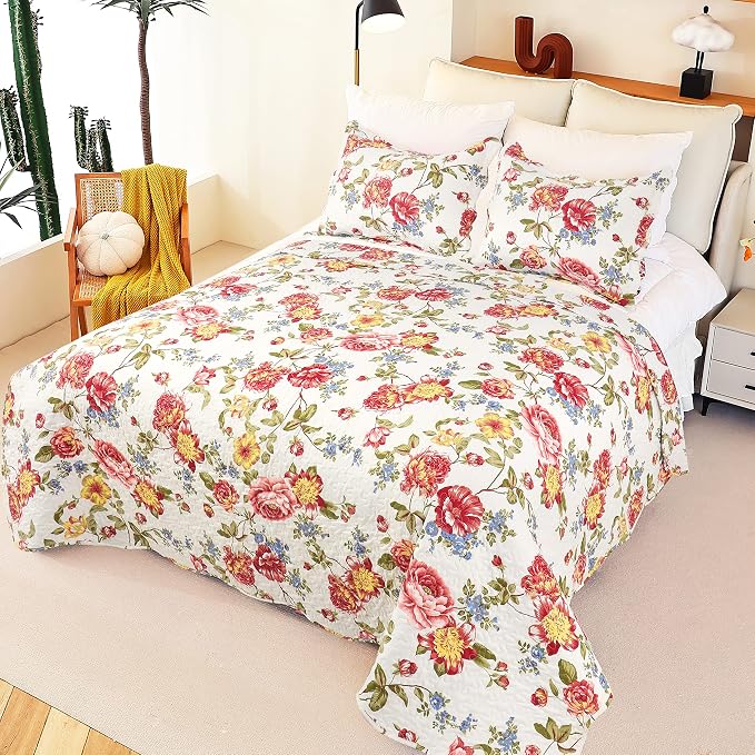 Cmfshape Summer Floral King Quilted Bedspread, Romantic Pink Quilt Set - Image 3